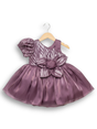 Mauve girls' one-shoulder party frock on a hanger, featuring a puff sleeve, a silver sequin zebra-print bodice, a large mauve flower, and a voluminous satin skirt.