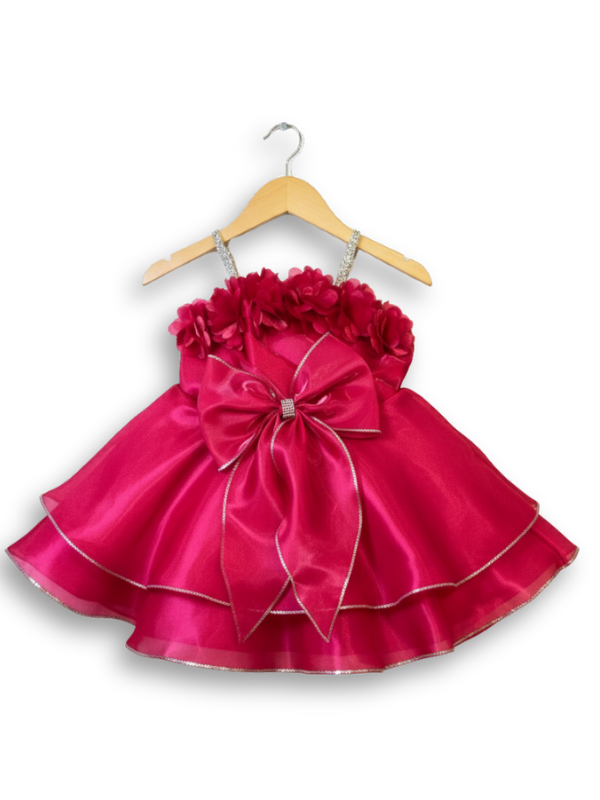 Hot rani pink girls' party frock on a hanger, featuring rhinestone straps, 3D flowers on the neckline, a large satin bow, and a full, tiered skirt with silver trim.