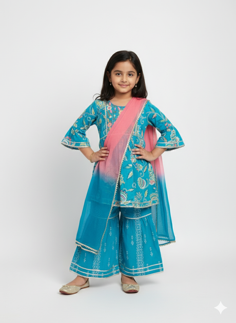 Full-length image of a young girl wearing a turquoise and blue floral-printed ethnic set with a flared kurta, tiered gharara pants, and a vibrant pink and blue ombre chiffon dupatta.