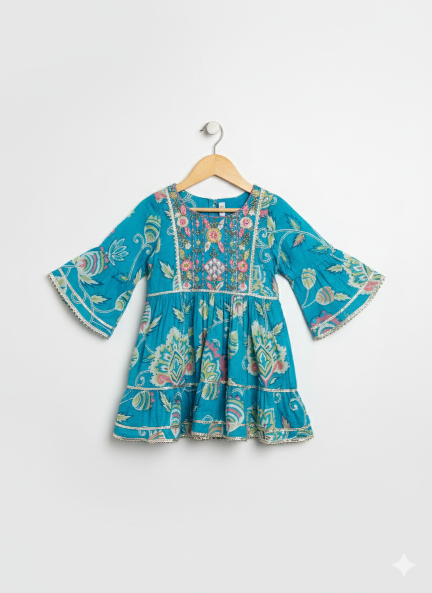 Full-length image of a young girl wearing a turquoise and blue floral-printed ethnic set with a flared kurta, tiered gharara pants, and a vibrant pink and blue ombre chiffon dupatta.