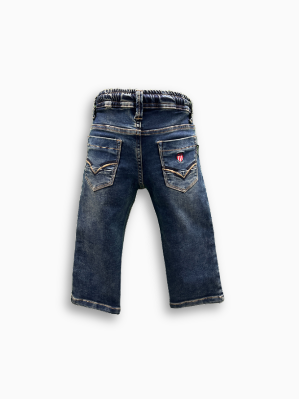 Toddler Boys' Dark Wash Denim Jeans with Elastic Waist & Brown Drawstring.
