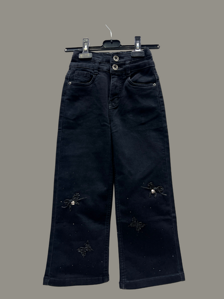 Girls’ Black Wide-Leg Jeans – Butterfly & Bow