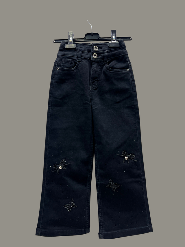 Girls’ Black Wide-Leg Jeans – Butterfly & Bow