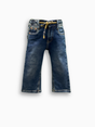 A pair of toddler boys' dark blue straight-leg denim jeans with an elastic waistband and a decorative brown and navy drawstring.