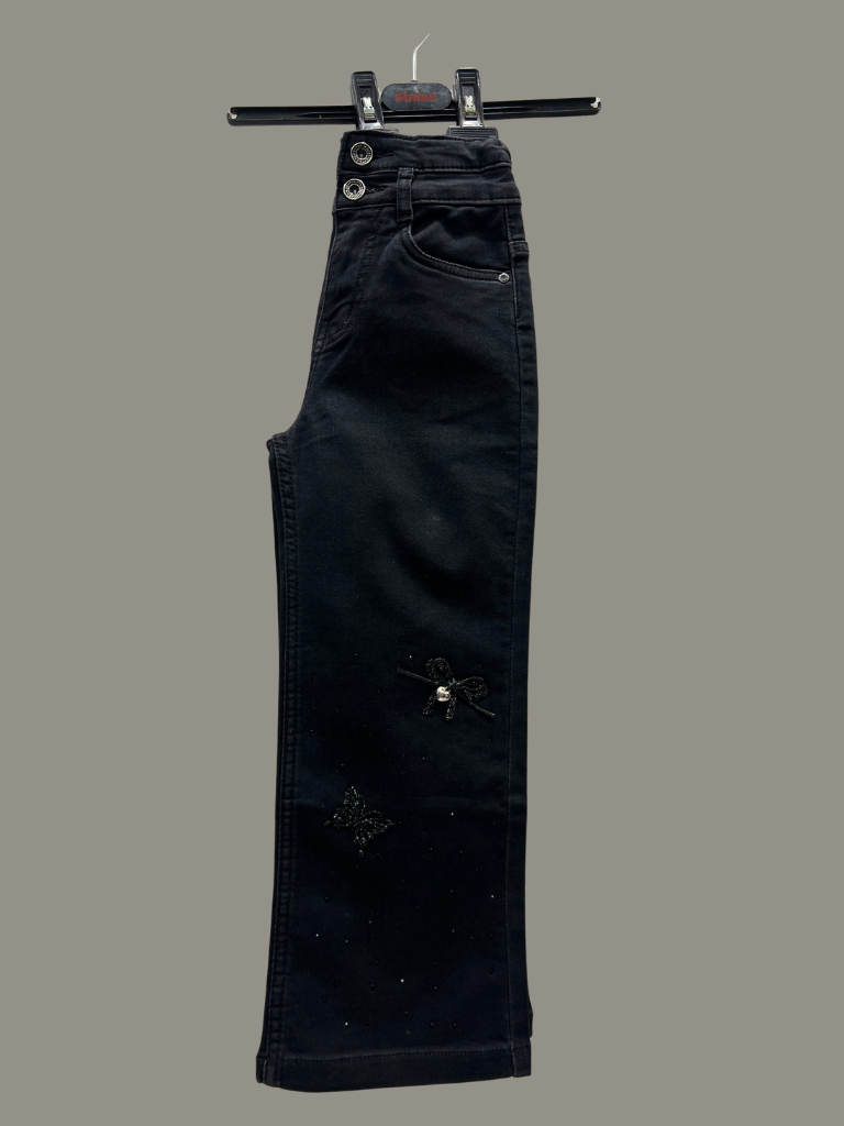 Girls’ Black Wide-Leg Jeans – Butterfly & Bow