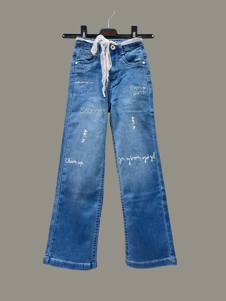 Girls Blue Embroidered Straight Fit Jeans – Lace Belt & Stylish Letter Print