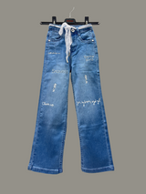Girls Blue Embroidered Straight Fit Jeans – Lace Belt & Stylish Letter Print