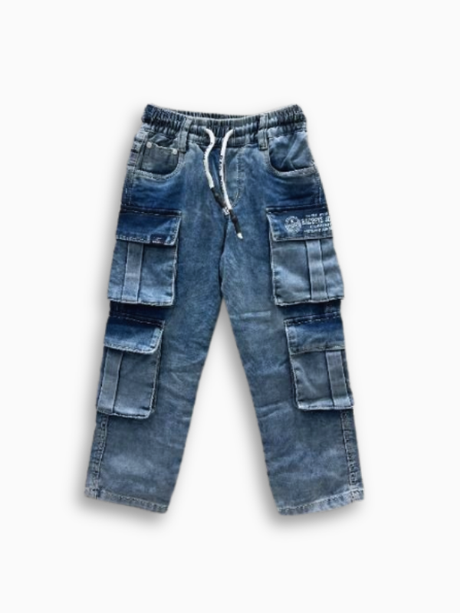 Full-length view of boys' light blue washed denim cargo pants with an elastic drawstring waist and large, functional side cargo pockets.