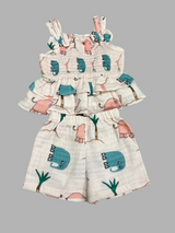 Girls Printed Sleeveless Top & Pant Set – White Multi-Color