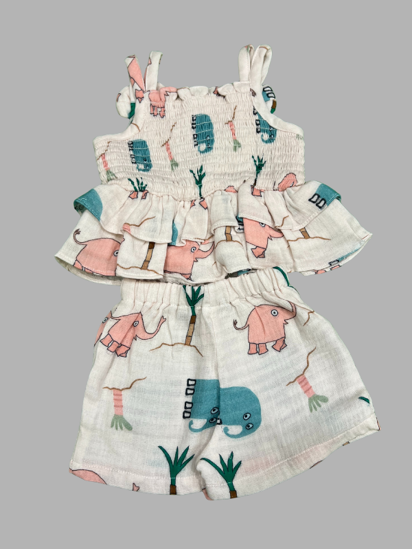 Girls Printed Sleeveless Top & Pant Set – White Multi-Color