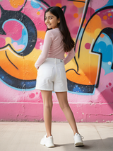 Girls' White Floral & Love Embroidered Denim Shorts