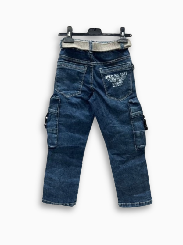 Boys' Dark Wash Denim Cargo Jeans with Belt and Brooklyn Graphic.