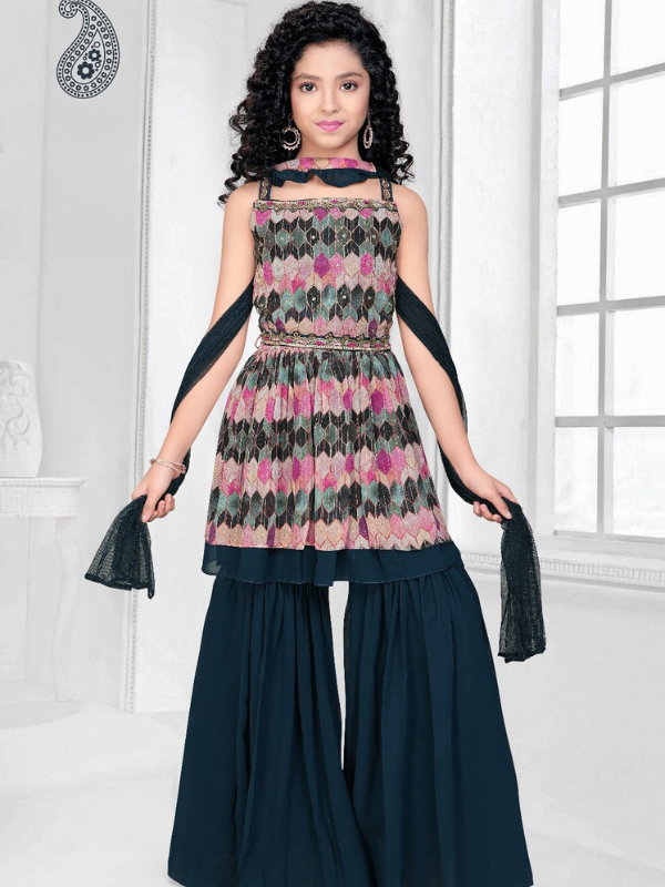 Girls Traditional Sleeves Less Plazo Set - Green