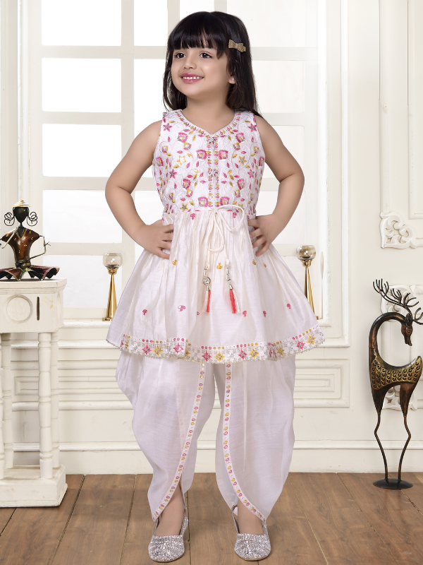 Girls Traditional Sleeves Less Dhoti Set - Cream
