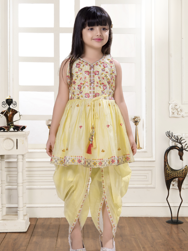Girls' Pastel Yellow Peplum Kurti and Dhoti Set with Floral Yoke