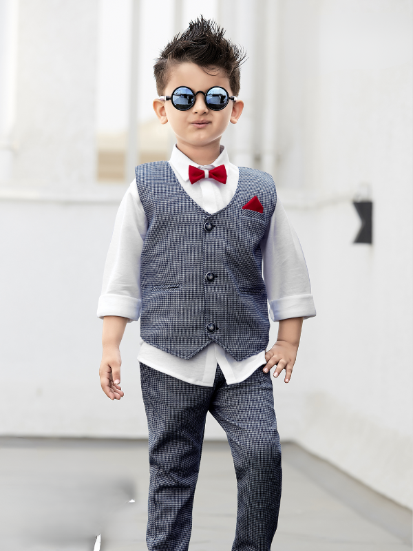 Boys Casual Party Full Sleeves 3 Pcs Suit Set - Blue
