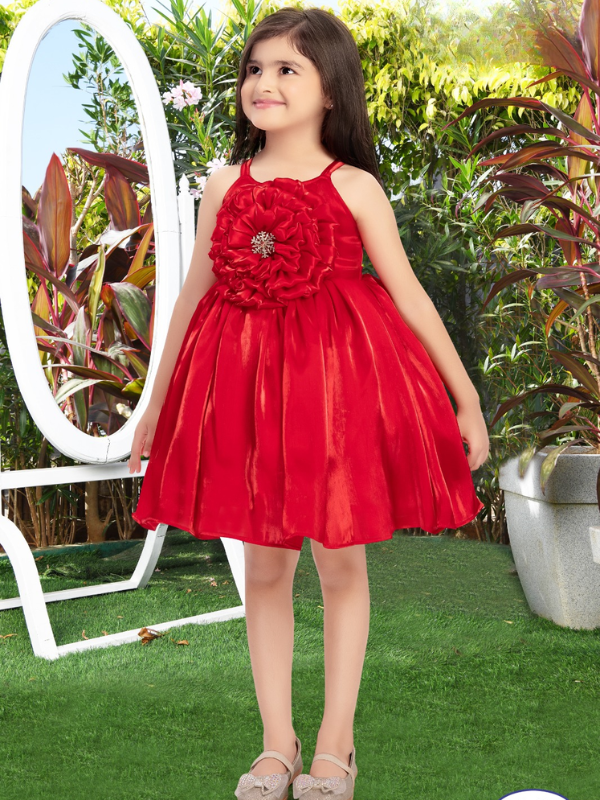 Girls Party Plain Satin Party Frock - Red