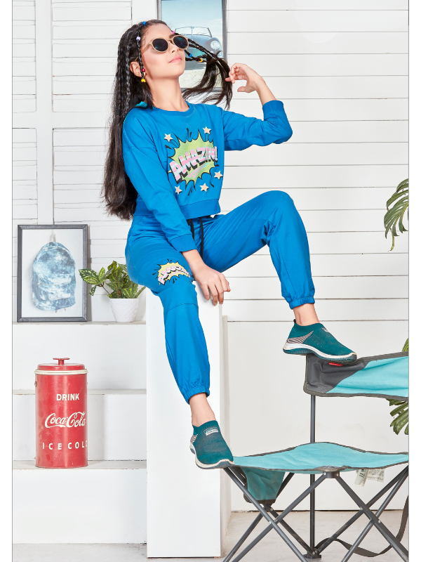 Girls Casual Plain Full Sleeves Track Pant Set - Blue