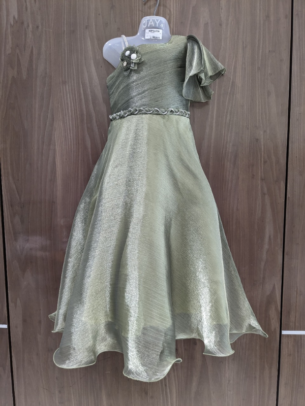 Girls Party Satin Western Gown With Work - Green