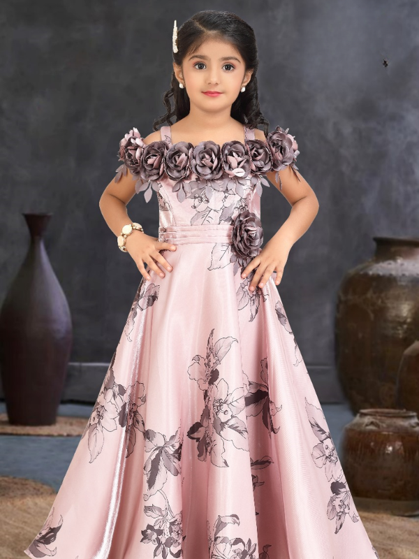 Girls Party Satin Western Gown With Work- Peach