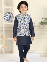 Boys Traditional Printed Chudidar Kurta with Koti - Navy Blue
