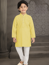 Boys Traditional Self Design Chudidar Kurta Set - Yellow