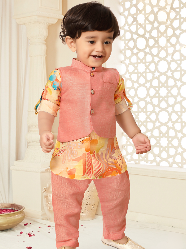 Boys Traditional Printed Chudidar Kurta with Koti - Peach