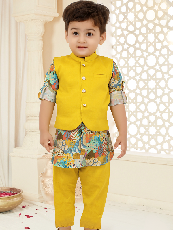 Boys Traditional Printed Chudidar Kurta with Koti - Green
