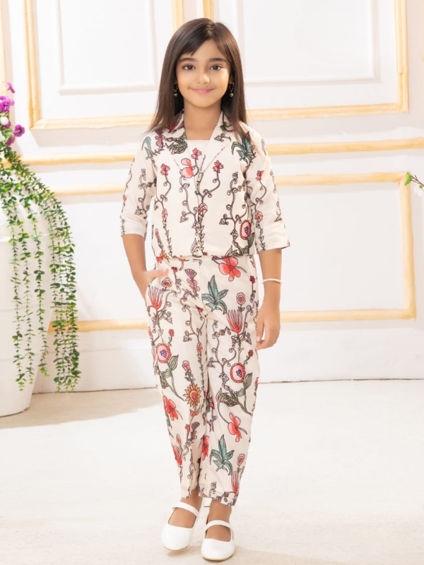 Girls' Festive Cream Silk Blend Kurta Set