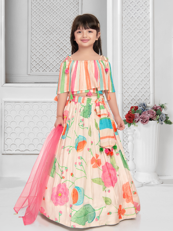 Girls Traditional Sleeves Less Long Choli - Cream