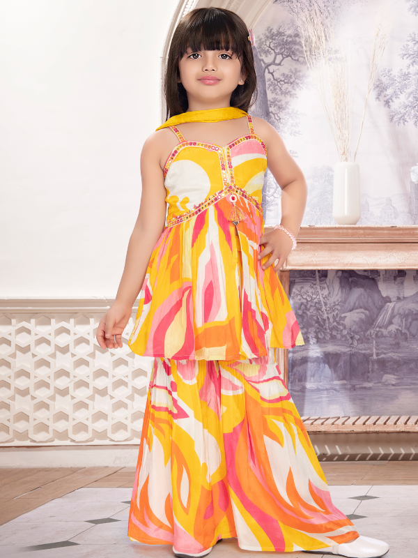 Girls Traditional Sleeves Less Ghagara Set - Yellow