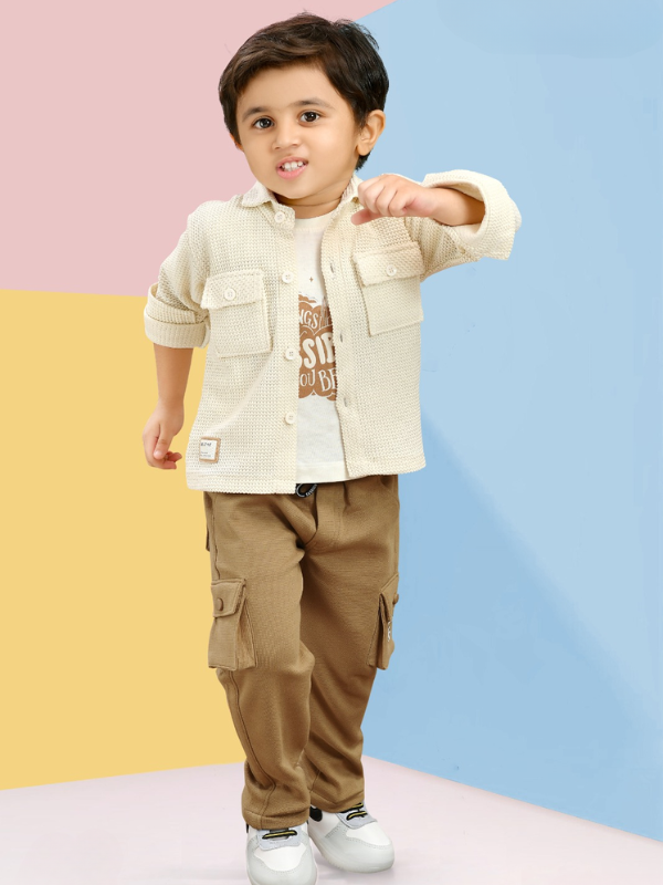 Boys Casual Party Full Sleeves Pant Suit Shirt Set - Cream