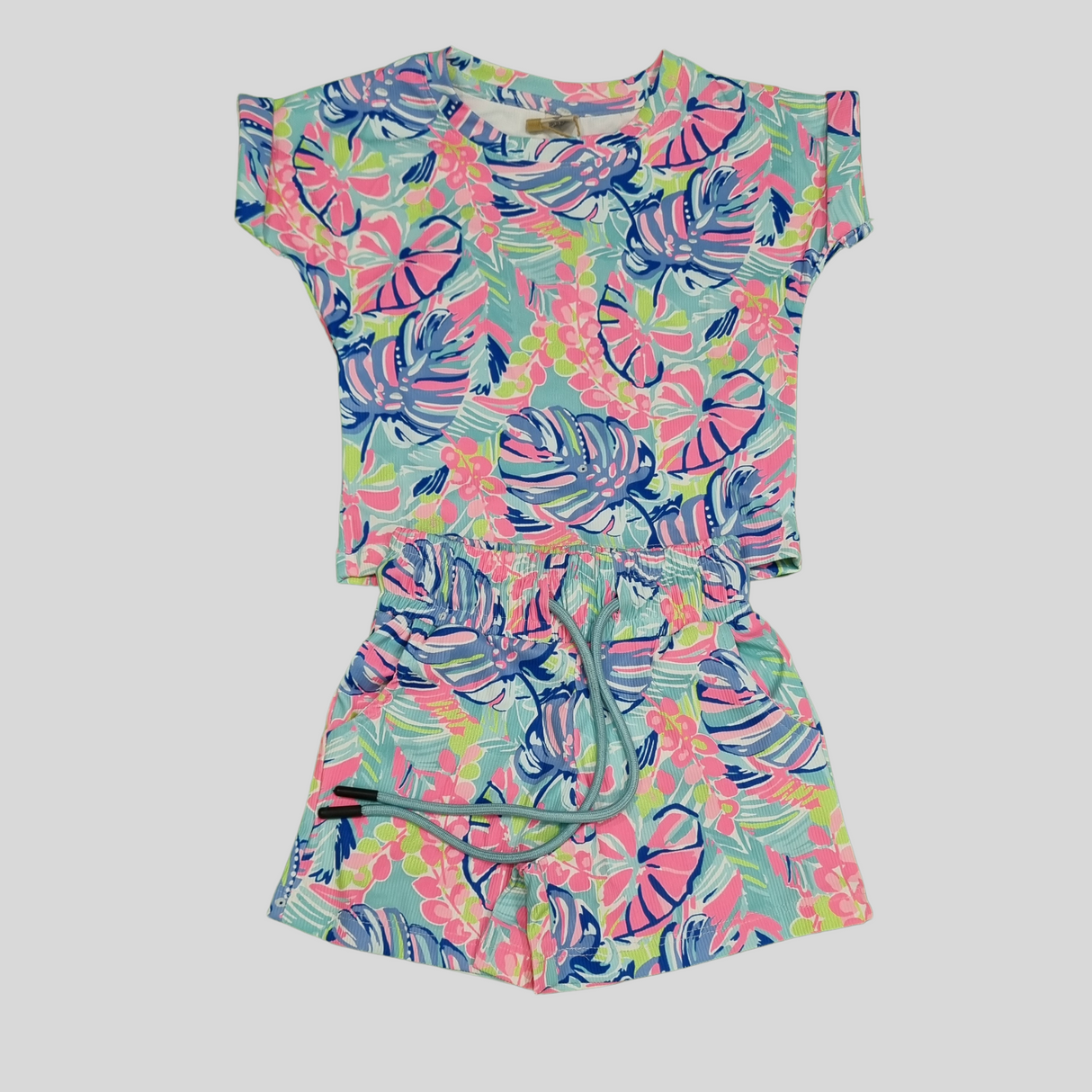 Girls' Tropical Leaf Print Summer Co-Ordinate Set – Multicolor