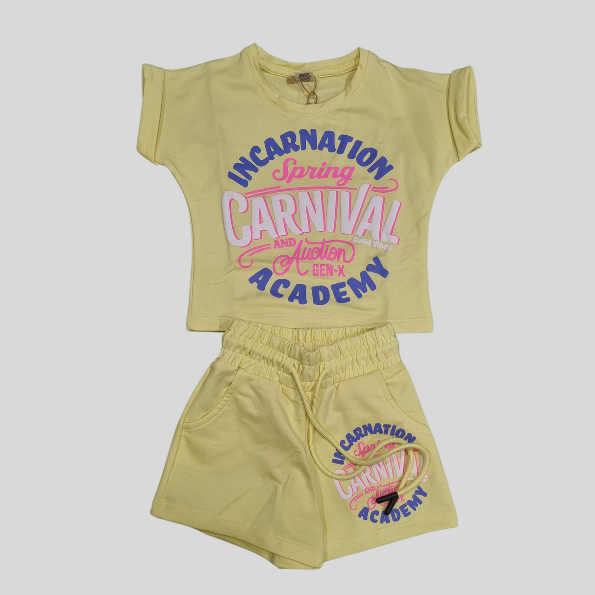 Girls’ Summer Carnival Graphic Co-Ordinate Set– T-Shirt & Shorts (Yellow)
