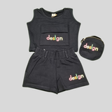 Girls' "Design" 3-Piece Tank & Shorts Set with Pouch – Purple & Navy Blue