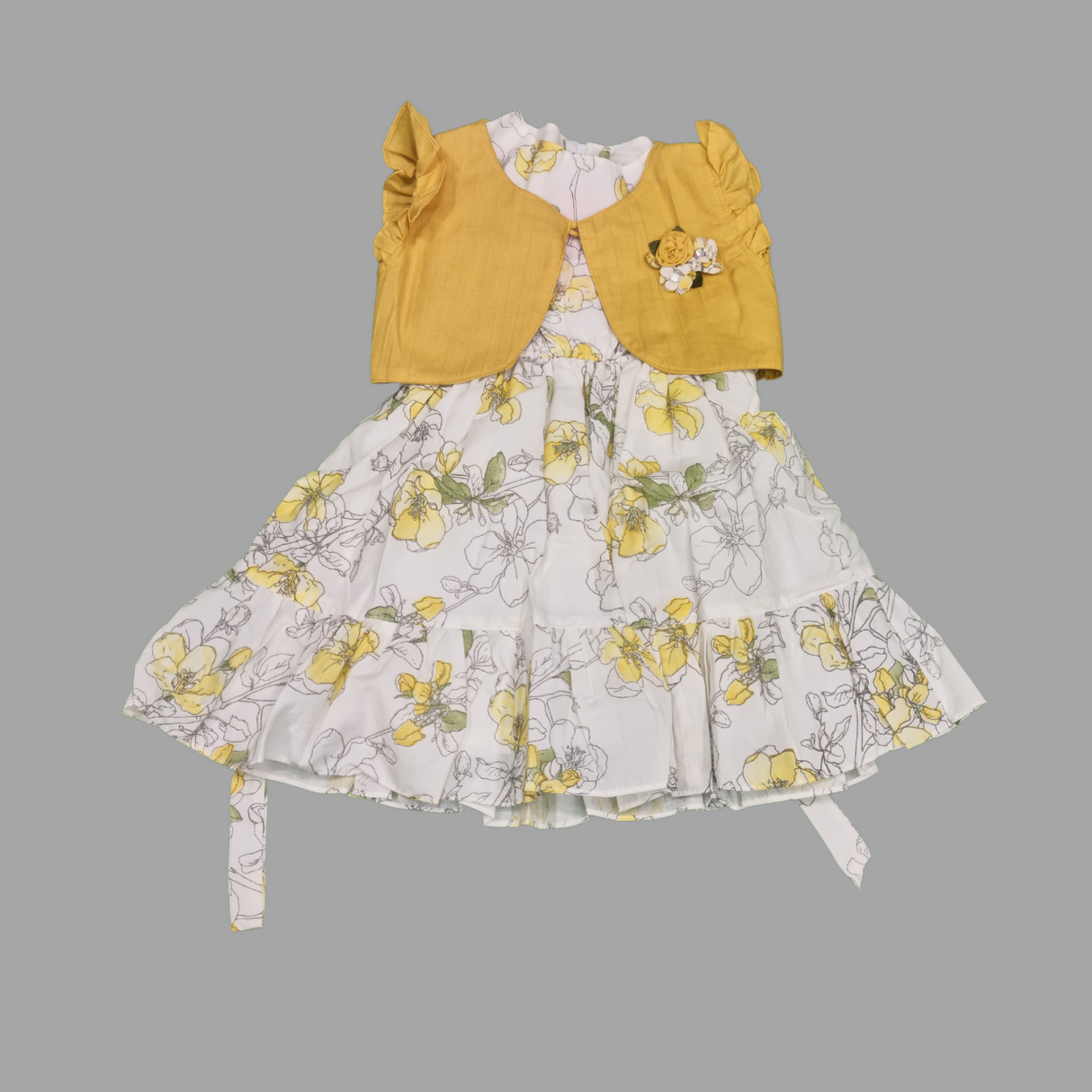Girls' Floral Frock with Stylish Shrug –  Pink & Yellow