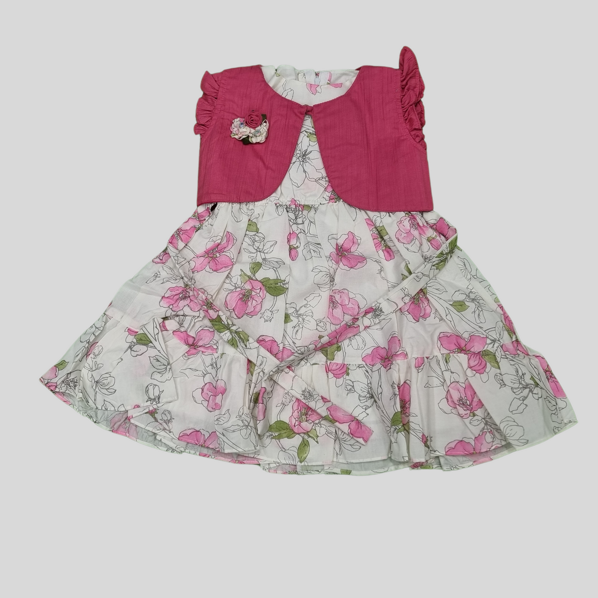 Girls' Floral Frock with Stylish Shrug –  Pink & Yellow