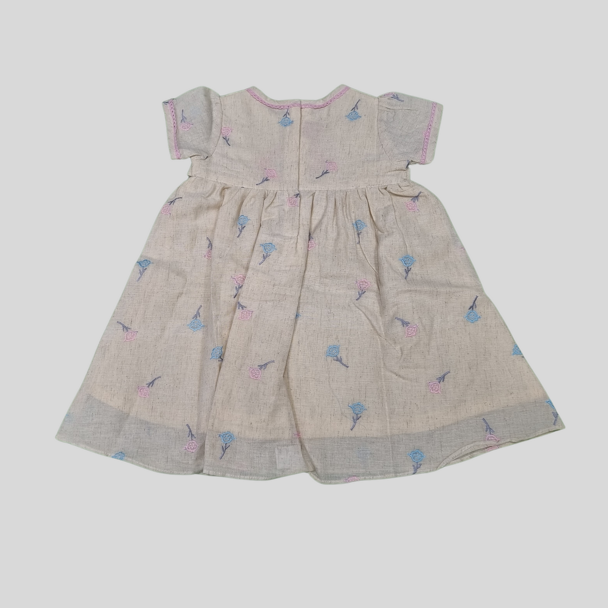 Baby Girls’ Soft Beige Floral Dress – Cotton Linen Summer Frock with Tie-Back