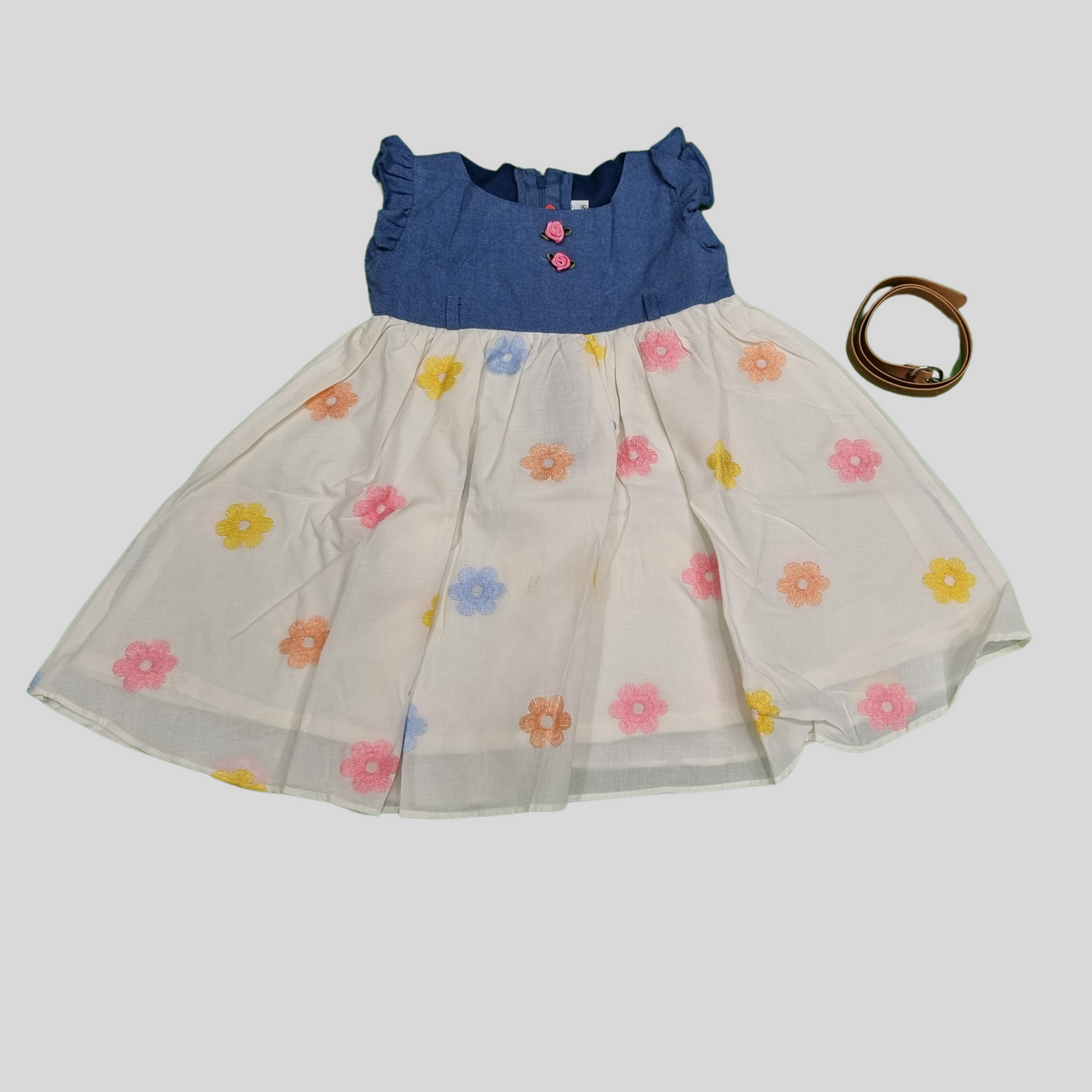 Girls’ Floral Embroidered Party Dress with Denim Bodice & Belt – Blue & White