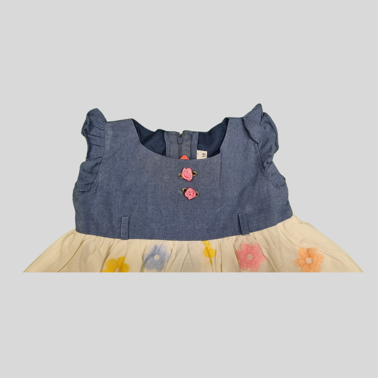 Girls’ Floral Embroidered Party Dress with Denim Bodice & Belt – Blue & White