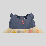Girls’ Floral Embroidered Party Dress with Denim Bodice & Belt – Blue & White