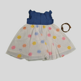 Girls’ Floral Embroidered Party Dress with Denim Bodice & Belt – Blue & White