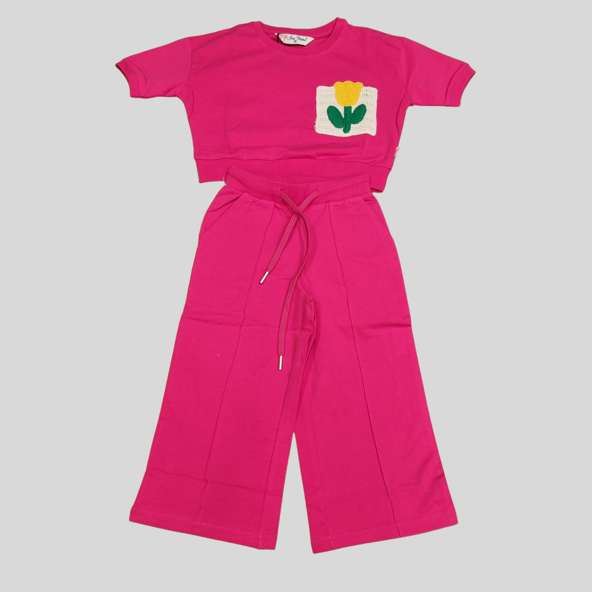 Girls' Pink Wide-Leg Pants Set with Crochet Flower Patch – 2-Piece Summer Outfit