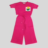 Girls' Pink Wide-Leg Pants Set with Crochet Flower Patch – 2-Piece Summer Outfit