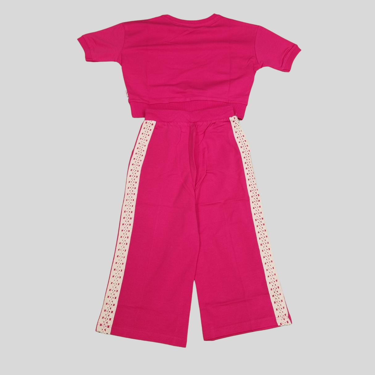 Girls' Pink Wide-Leg Pants Set with Crochet Flower Patch – 2-Piece Summer Outfit