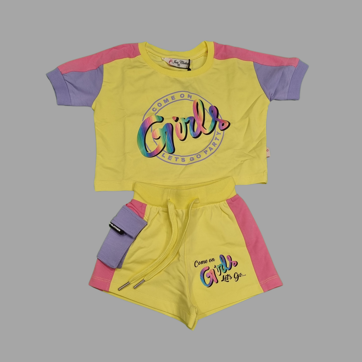 Girls' "Come On Girls, Let's Go Party" Summer Co-ordinate Set – Yellow & Blue