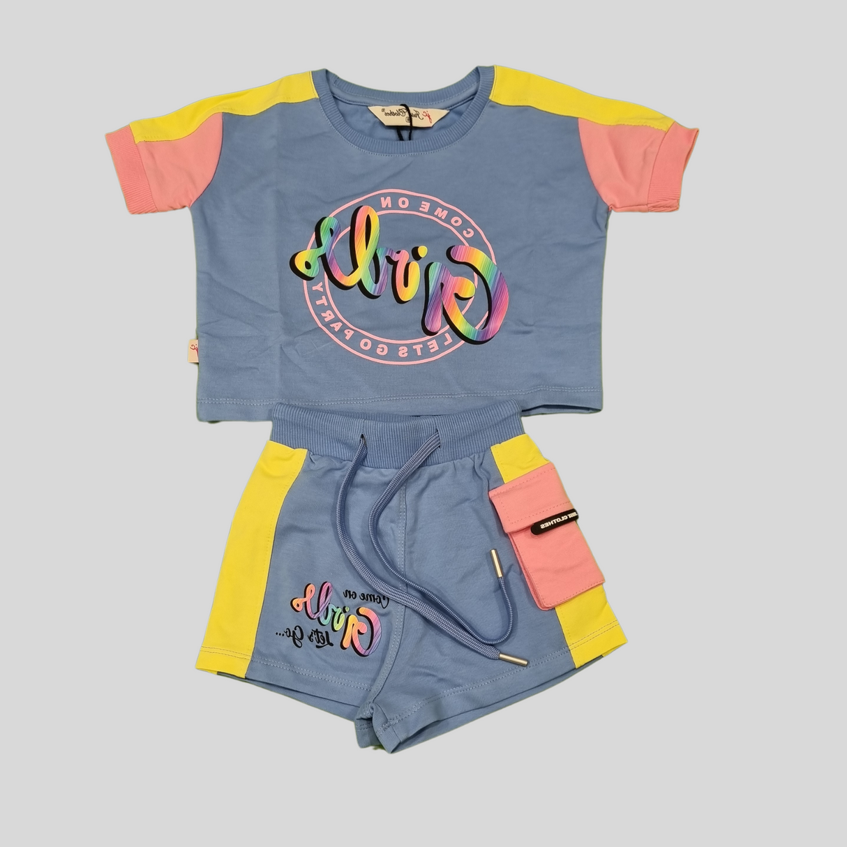 Girls' "Come On Girls, Let's Go Party" Summer Co-ordinate Set – Yellow & Blue