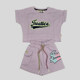 Girls’ Justice Themed Summer Co-ordinate Set – T-Shirt & Shorts (Green & Purple)