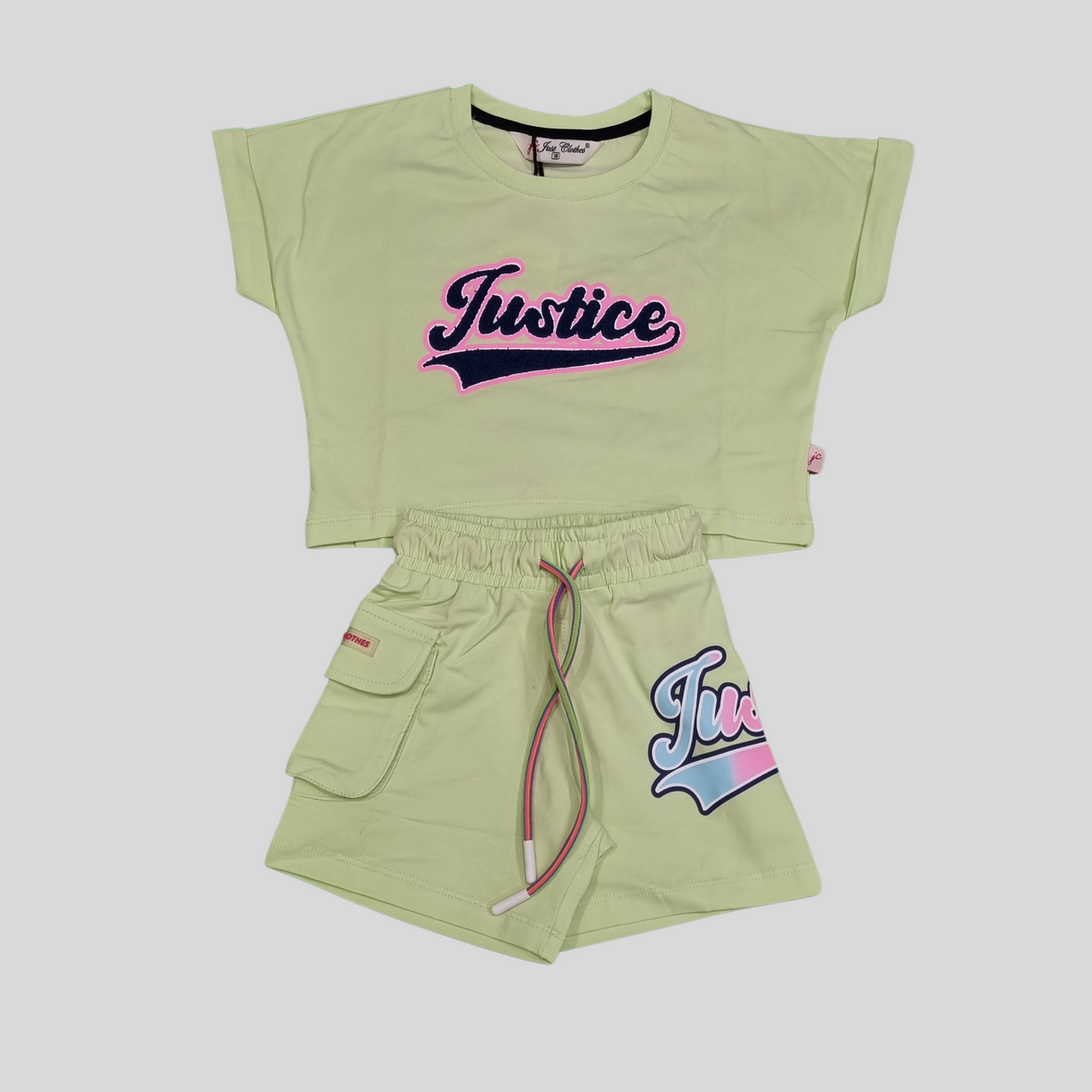 Girls’ Justice Themed Summer Co-ordinate Set – T-Shirt & Shorts (Green & Purple)