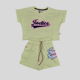 Girls’ Justice Themed Summer Co-ordinate Set – T-Shirt & Shorts (Green & Purple)